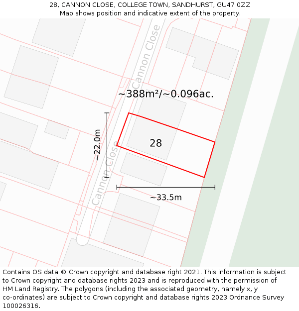 28, CANNON CLOSE, COLLEGE TOWN, SANDHURST, GU47 0ZZ: Plot and title map