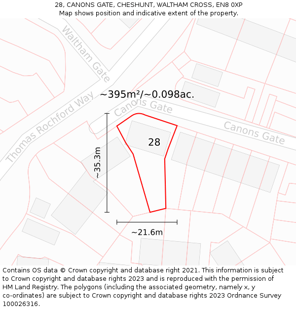 28, CANONS GATE, CHESHUNT, WALTHAM CROSS, EN8 0XP: Plot and title map
