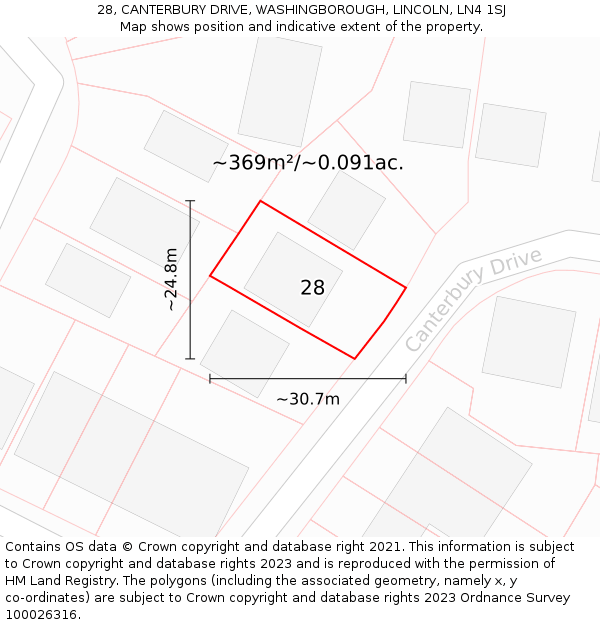 28, CANTERBURY DRIVE, WASHINGBOROUGH, LINCOLN, LN4 1SJ: Plot and title map