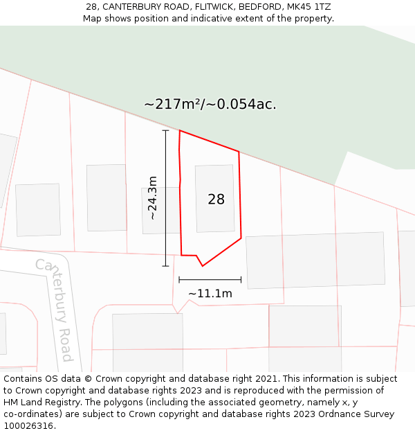 28, CANTERBURY ROAD, FLITWICK, BEDFORD, MK45 1TZ: Plot and title map