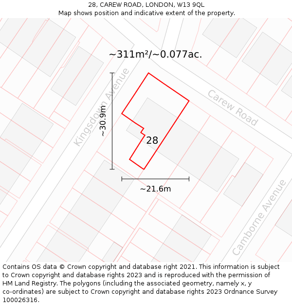 28, CAREW ROAD, LONDON, W13 9QL: Plot and title map