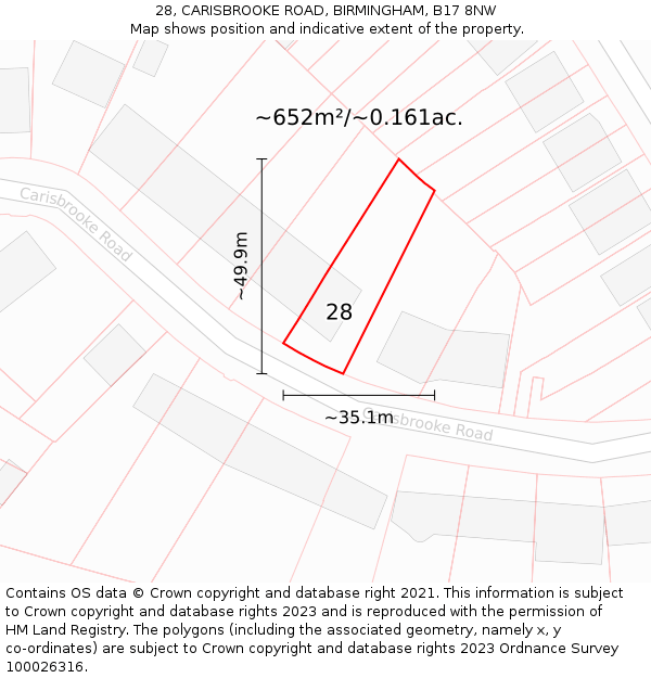 28, CARISBROOKE ROAD, BIRMINGHAM, B17 8NW: Plot and title map