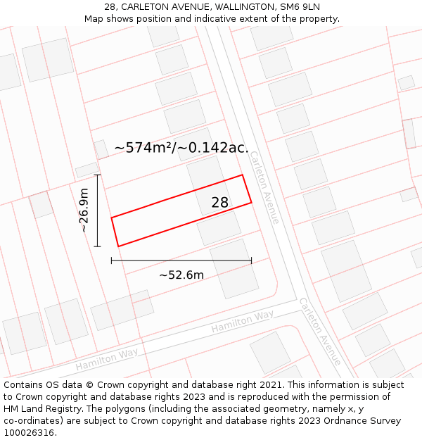 28, CARLETON AVENUE, WALLINGTON, SM6 9LN: Plot and title map