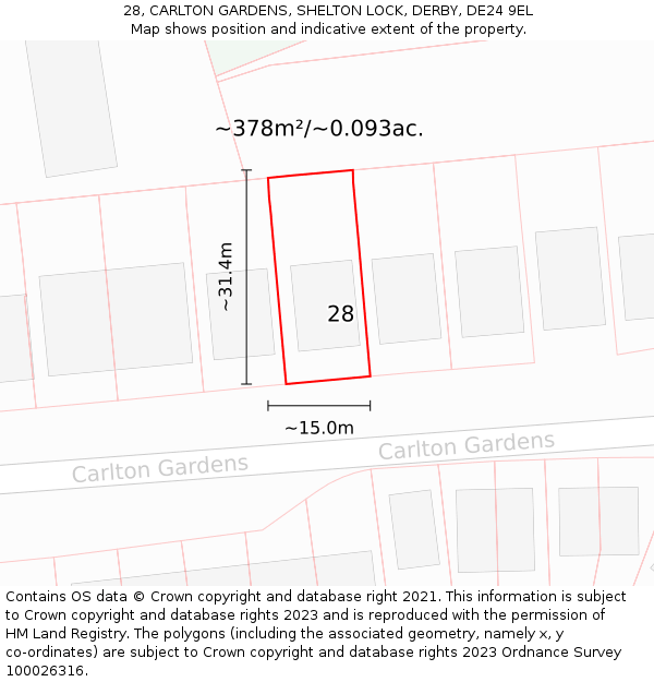 28, CARLTON GARDENS, SHELTON LOCK, DERBY, DE24 9EL: Plot and title map