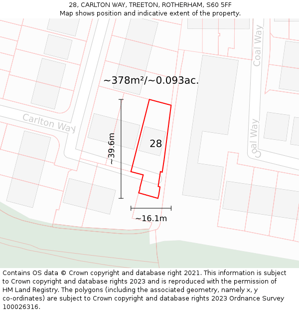 28, CARLTON WAY, TREETON, ROTHERHAM, S60 5FF: Plot and title map
