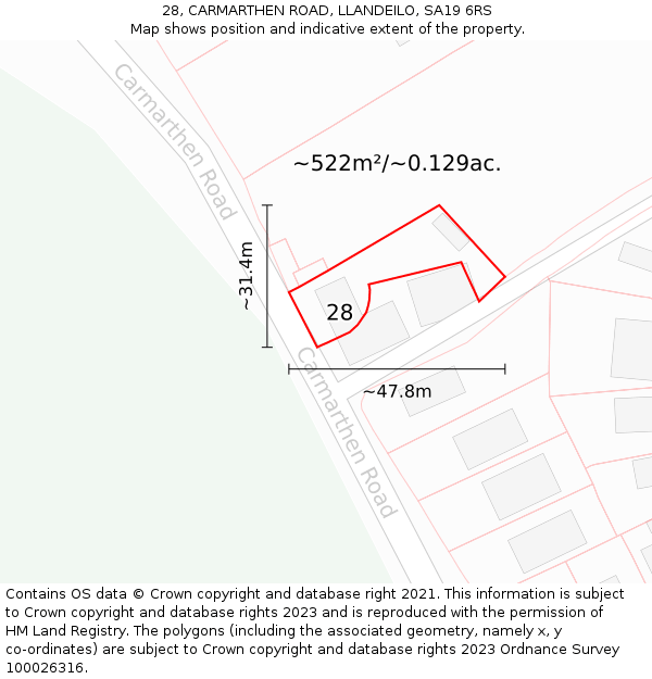 28, CARMARTHEN ROAD, LLANDEILO, SA19 6RS: Plot and title map