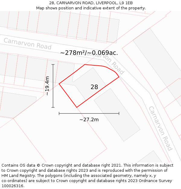 28, CARNARVON ROAD, LIVERPOOL, L9 1EB: Plot and title map