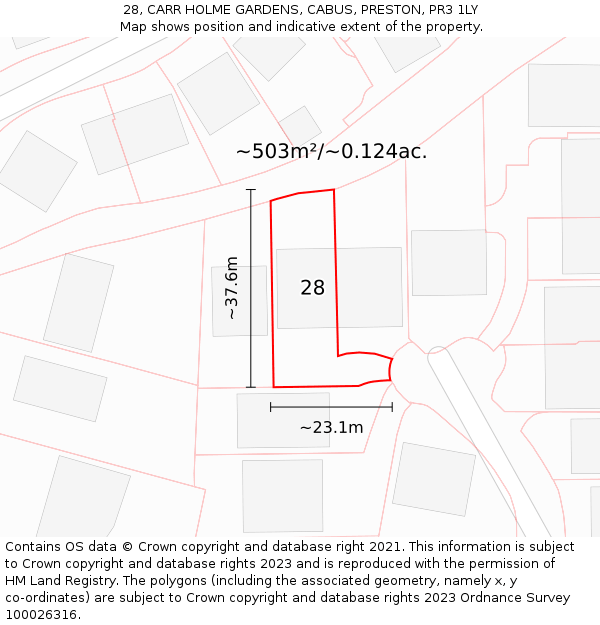 28, CARR HOLME GARDENS, CABUS, PRESTON, PR3 1LY: Plot and title map