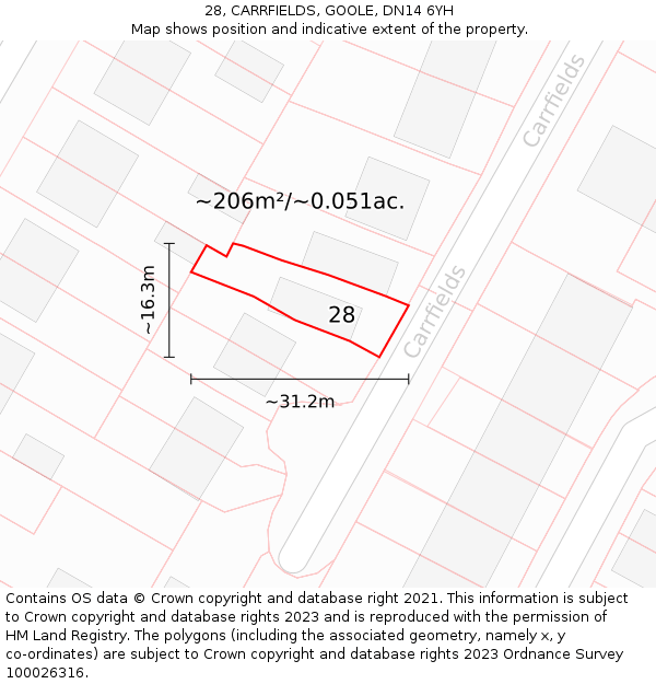 28, CARRFIELDS, GOOLE, DN14 6YH: Plot and title map
