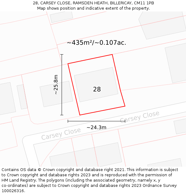 28, CARSEY CLOSE, RAMSDEN HEATH, BILLERICAY, CM11 1PB: Plot and title map