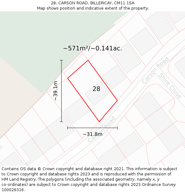 28, CARSON ROAD, BILLERICAY, CM11 1SA: Plot and title map