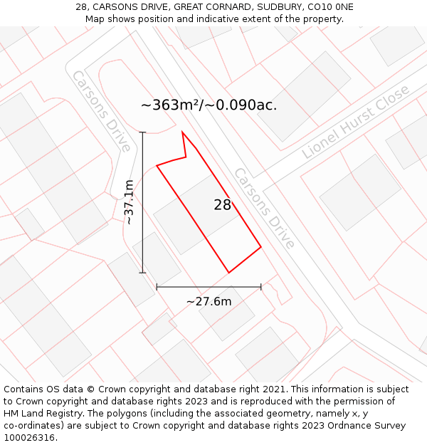 28, CARSONS DRIVE, GREAT CORNARD, SUDBURY, CO10 0NE: Plot and title map
