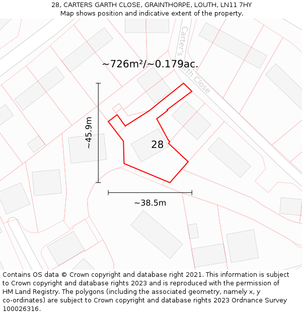 28, CARTERS GARTH CLOSE, GRAINTHORPE, LOUTH, LN11 7HY: Plot and title map