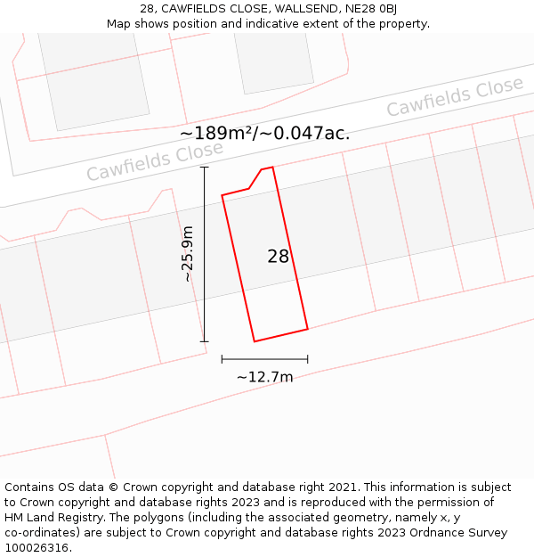 28, CAWFIELDS CLOSE, WALLSEND, NE28 0BJ: Plot and title map