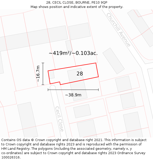 28, CECIL CLOSE, BOURNE, PE10 9QP: Plot and title map