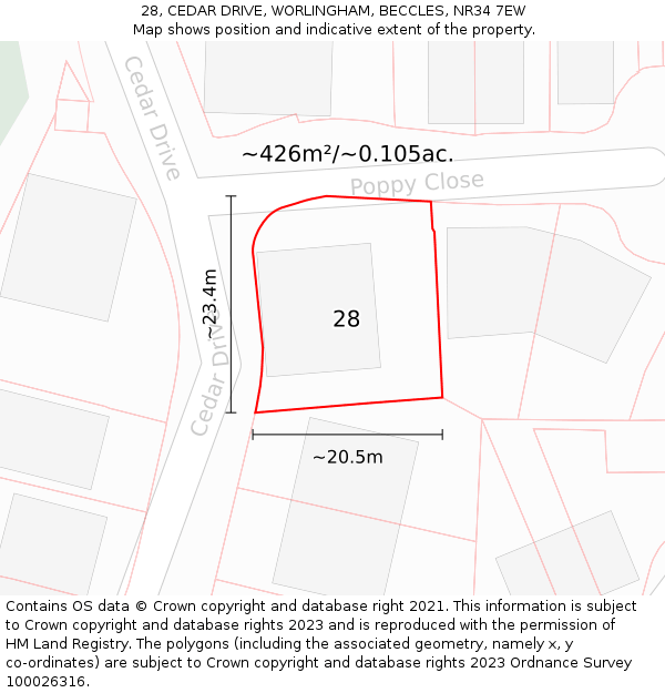 28, CEDAR DRIVE, WORLINGHAM, BECCLES, NR34 7EW: Plot and title map