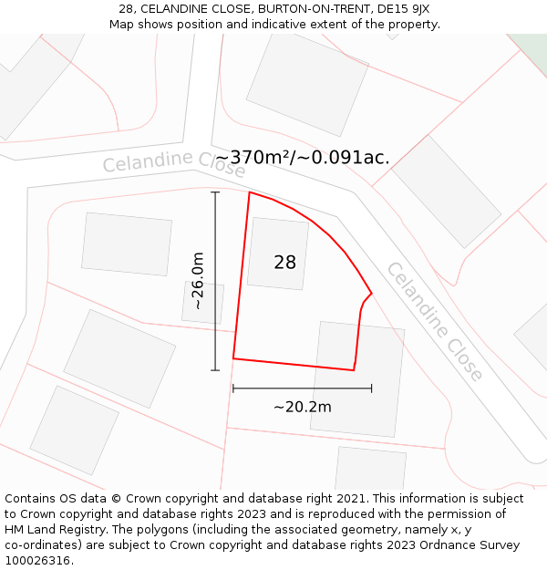 28, CELANDINE CLOSE, BURTON-ON-TRENT, DE15 9JX: Plot and title map