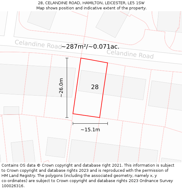 28, CELANDINE ROAD, HAMILTON, LEICESTER, LE5 1SW: Plot and title map