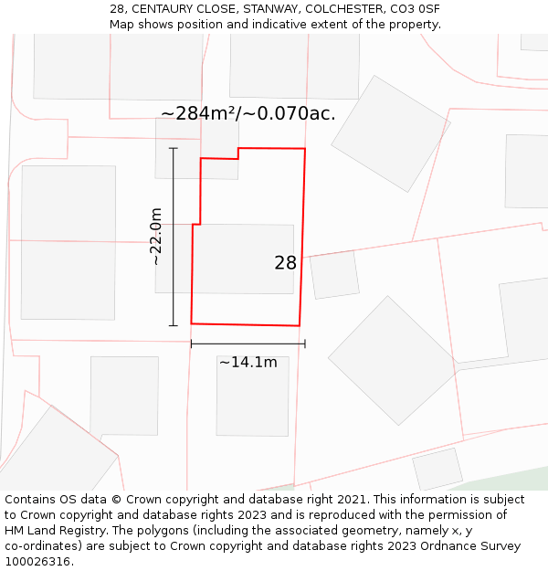 28, CENTAURY CLOSE, STANWAY, COLCHESTER, CO3 0SF: Plot and title map