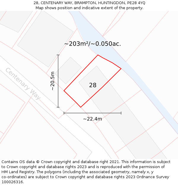 28, CENTENARY WAY, BRAMPTON, HUNTINGDON, PE28 4YQ: Plot and title map