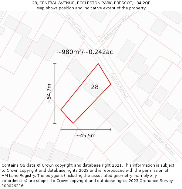 28, CENTRAL AVENUE, ECCLESTON PARK, PRESCOT, L34 2QP: Plot and title map