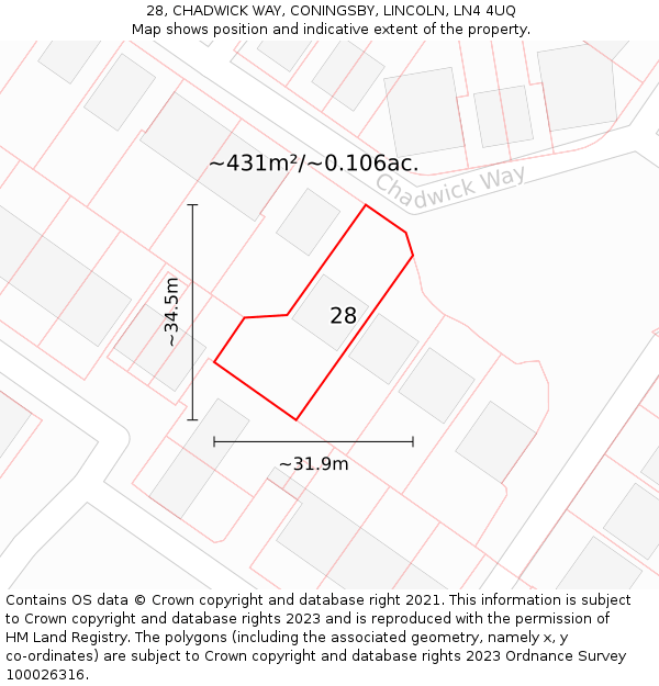 28, CHADWICK WAY, CONINGSBY, LINCOLN, LN4 4UQ: Plot and title map