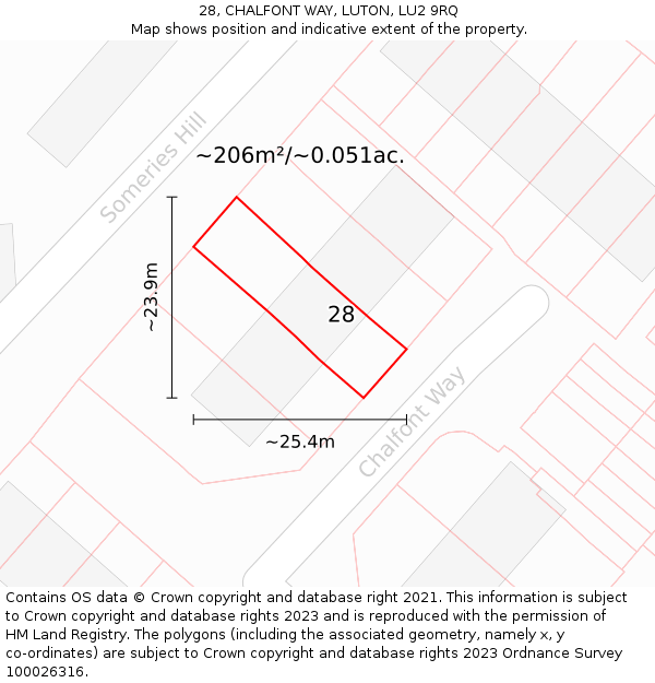 28, CHALFONT WAY, LUTON, LU2 9RQ: Plot and title map