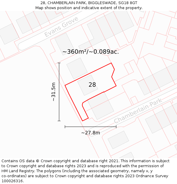 28, CHAMBERLAIN PARK, BIGGLESWADE, SG18 8GT: Plot and title map