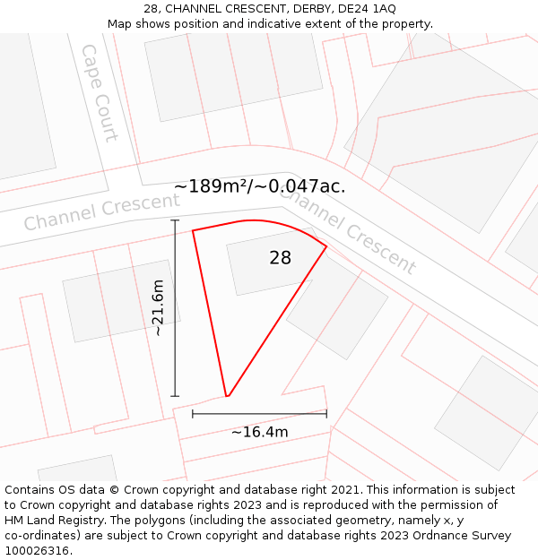 28, CHANNEL CRESCENT, DERBY, DE24 1AQ: Plot and title map