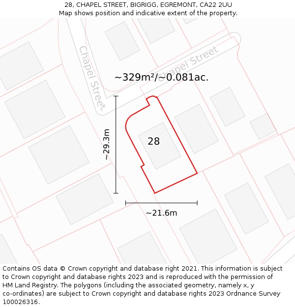 28, CHAPEL STREET, BIGRIGG, EGREMONT, CA22 2UU: Plot and title map
