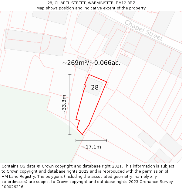 28, CHAPEL STREET, WARMINSTER, BA12 8BZ: Plot and title map