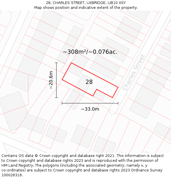 28, CHARLES STREET, UXBRIDGE, UB10 0SY: Plot and title map