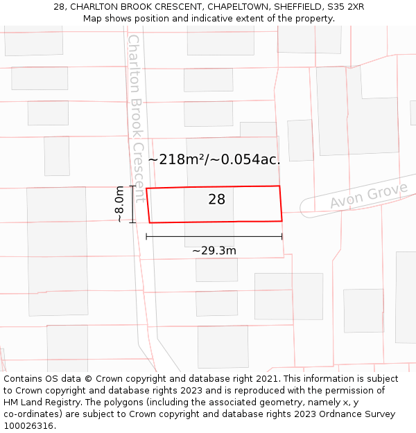 28, CHARLTON BROOK CRESCENT, CHAPELTOWN, SHEFFIELD, S35 2XR: Plot and title map