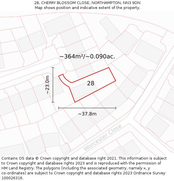28, CHERRY BLOSSOM CLOSE, NORTHAMPTON, NN3 9DN: Plot and title map