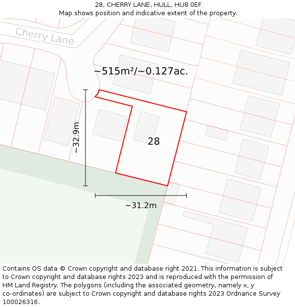 28, CHERRY LANE, HULL, HU8 0EF: Plot and title map
