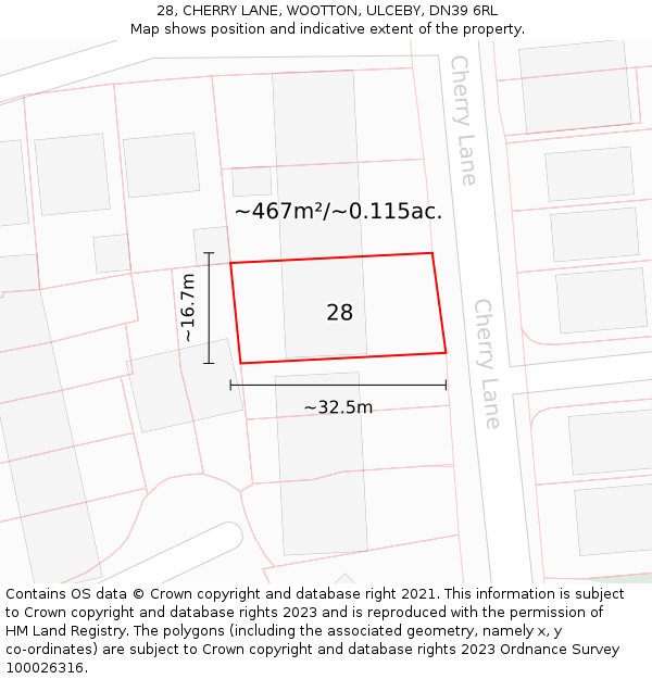 28, CHERRY LANE, WOOTTON, ULCEBY, DN39 6RL: Plot and title map