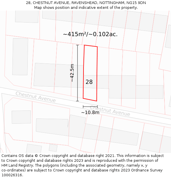 28, CHESTNUT AVENUE, RAVENSHEAD, NOTTINGHAM, NG15 9DN: Plot and title map
