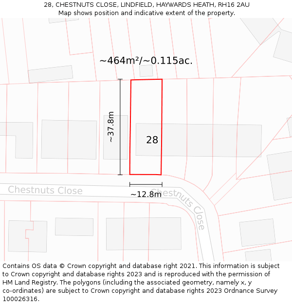 28, CHESTNUTS CLOSE, LINDFIELD, HAYWARDS HEATH, RH16 2AU: Plot and title map