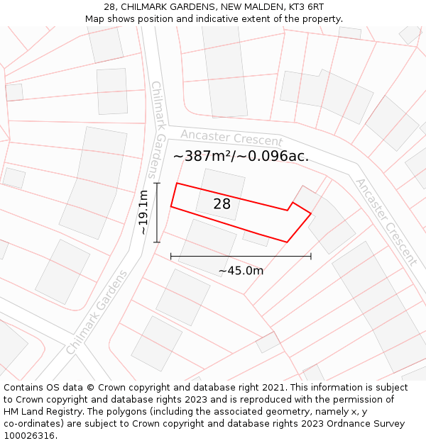 28, CHILMARK GARDENS, NEW MALDEN, KT3 6RT: Plot and title map