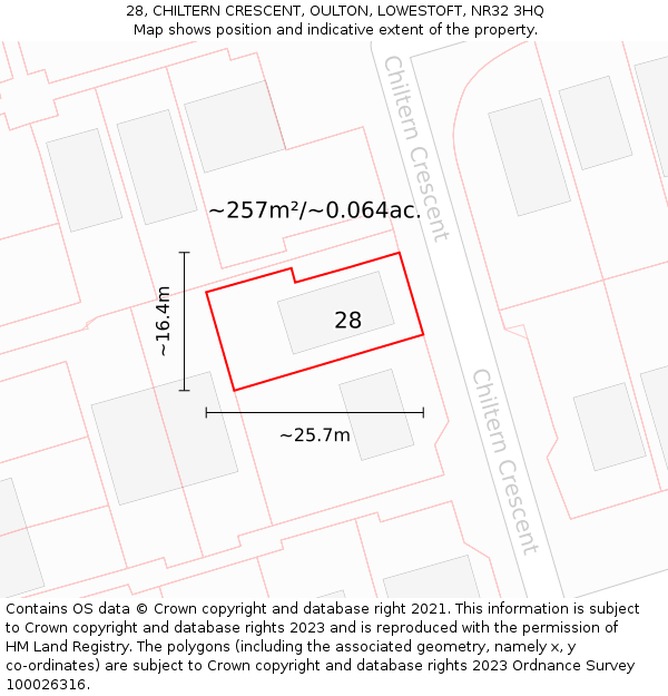 28, CHILTERN CRESCENT, OULTON, LOWESTOFT, NR32 3HQ: Plot and title map