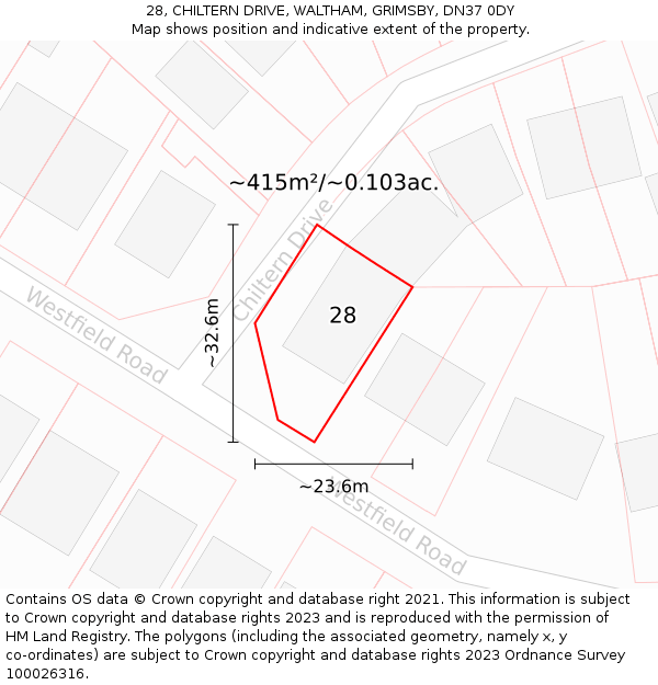 28, CHILTERN DRIVE, WALTHAM, GRIMSBY, DN37 0DY: Plot and title map