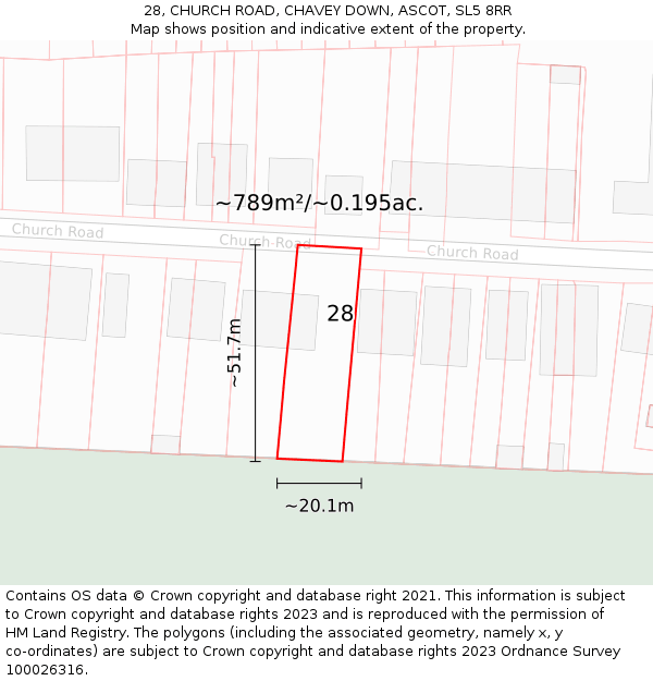 28, CHURCH ROAD, CHAVEY DOWN, ASCOT, SL5 8RR: Plot and title map