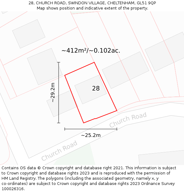 28, CHURCH ROAD, SWINDON VILLAGE, CHELTENHAM, GL51 9QP: Plot and title map