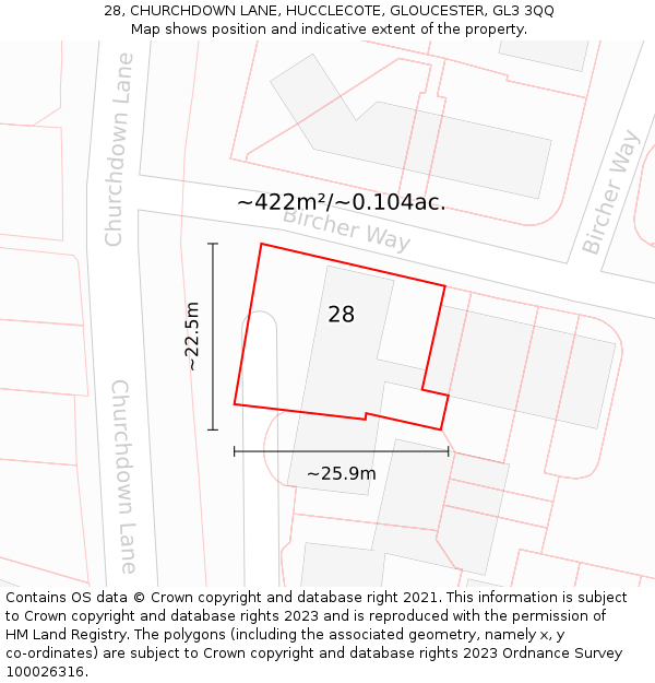 28, CHURCHDOWN LANE, HUCCLECOTE, GLOUCESTER, GL3 3QQ: Plot and title map