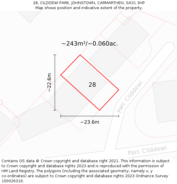 28, CILDDEWI PARK, JOHNSTOWN, CARMARTHEN, SA31 3HP: Plot and title map