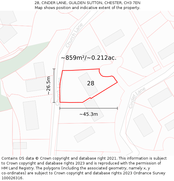 28, CINDER LANE, GUILDEN SUTTON, CHESTER, CH3 7EN: Plot and title map
