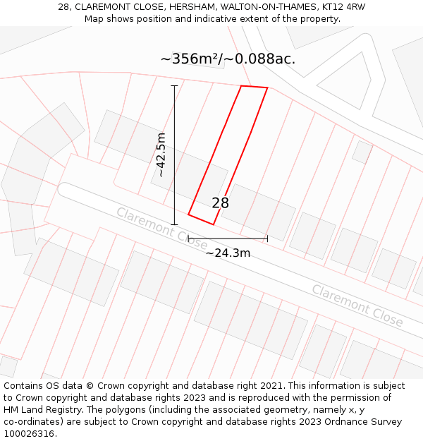 28, CLAREMONT CLOSE, HERSHAM, WALTON-ON-THAMES, KT12 4RW: Plot and title map