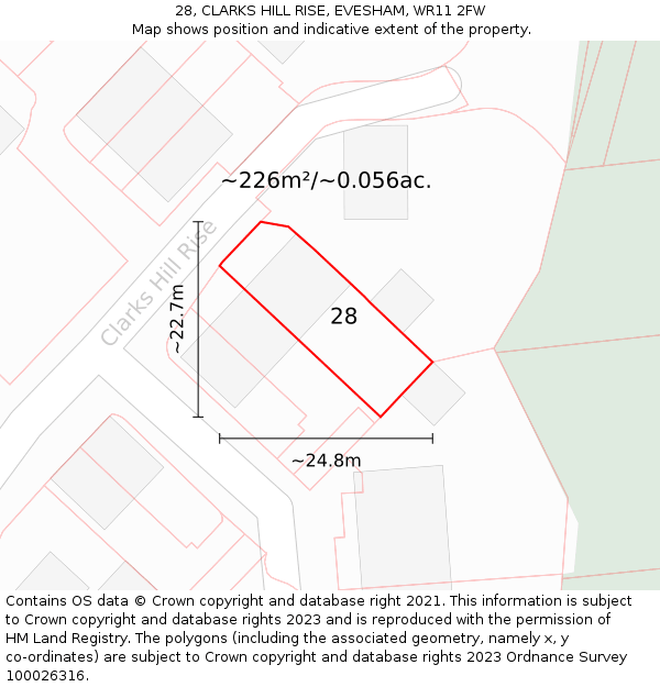 28, CLARKS HILL RISE, EVESHAM, WR11 2FW: Plot and title map
