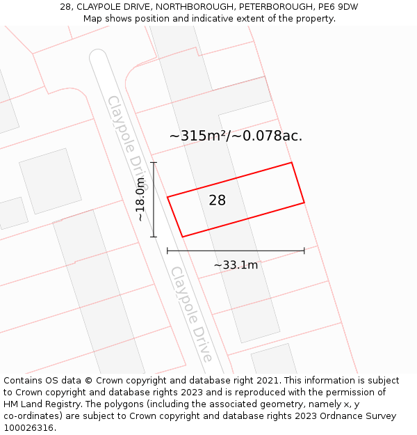 28, CLAYPOLE DRIVE, NORTHBOROUGH, PETERBOROUGH, PE6 9DW: Plot and title map