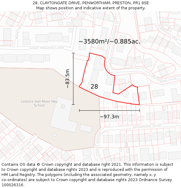 28, CLAYTONGATE DRIVE, PENWORTHAM, PRESTON, PR1 9SE: Plot and title map